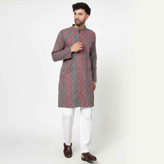 red Men's printed band collar cotton kurta
