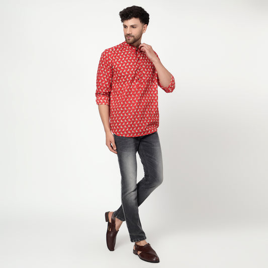 red Cotton printed full sleeves kurta shirt
