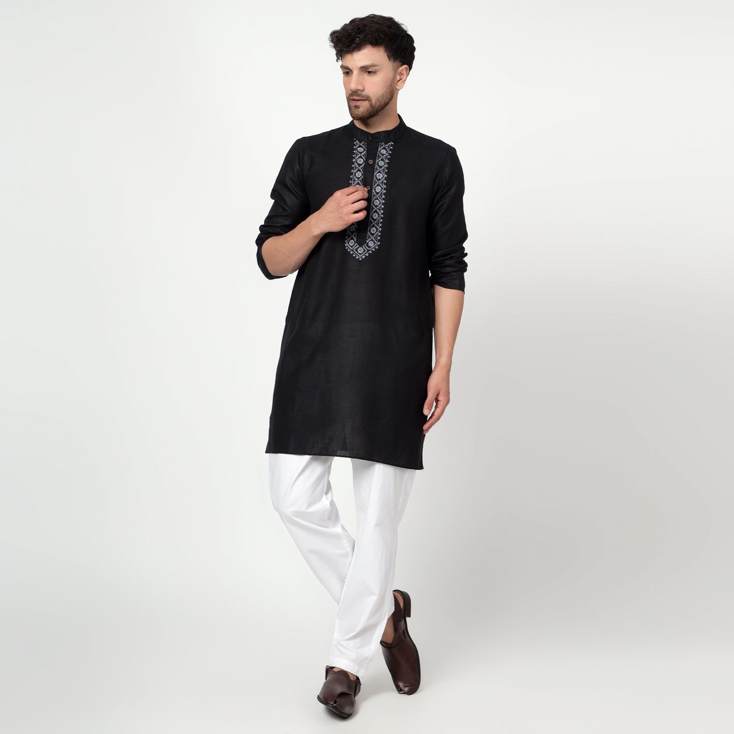 black Men's band collar cotton silk kurta