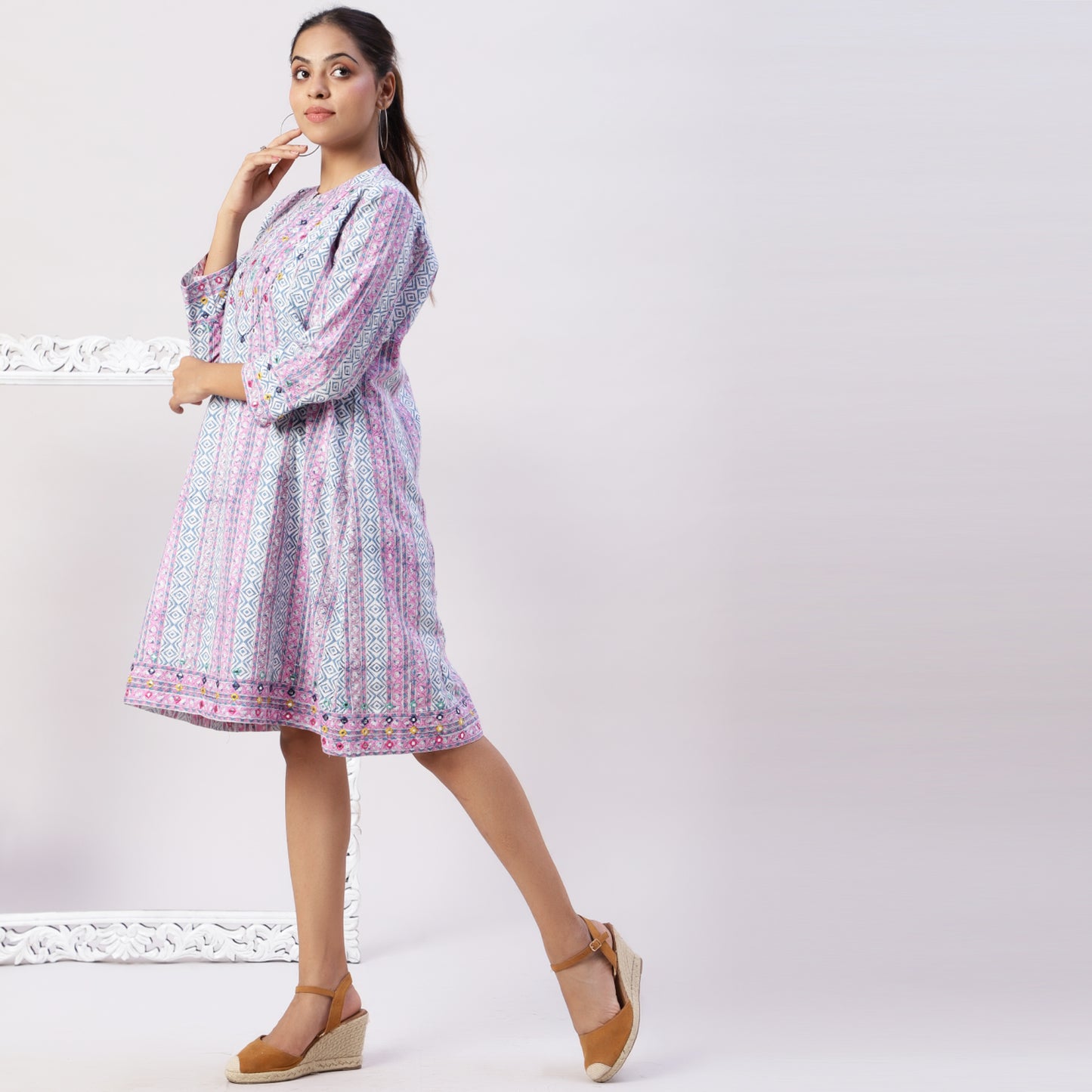 Block printed kantha finish dress with mirrorwork