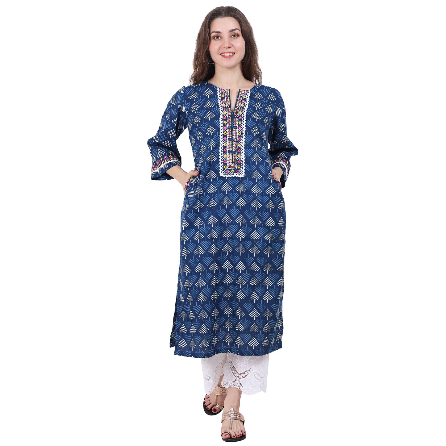 Blue printed Kurta with Neck Detailing