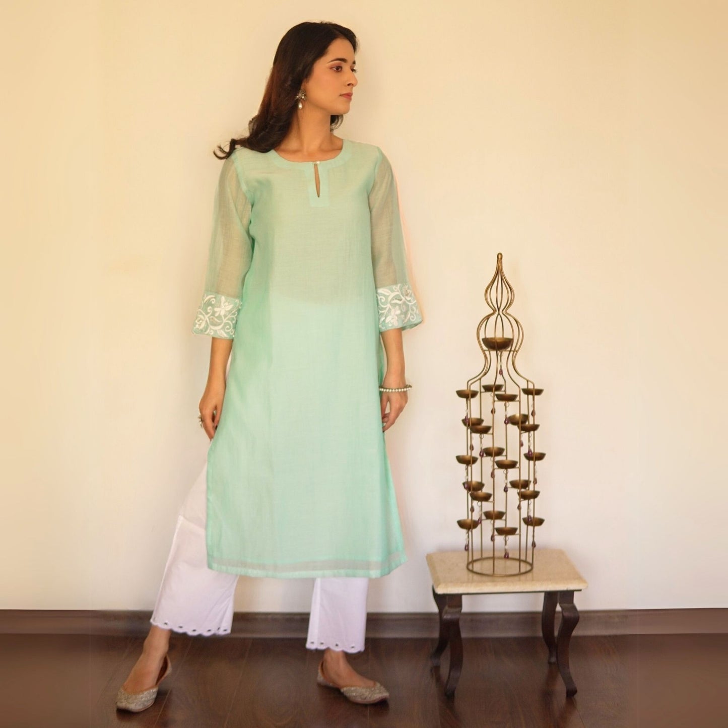 Aqua Chanderi Embroidered A-line Kurta