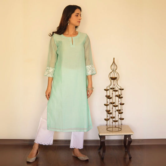 Aqua Chanderi Embroidered A-line Kurta