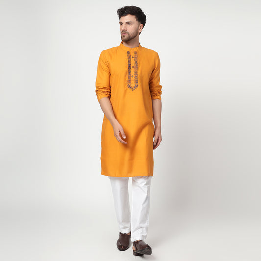 yellow Men's band collar cotton silk kurta