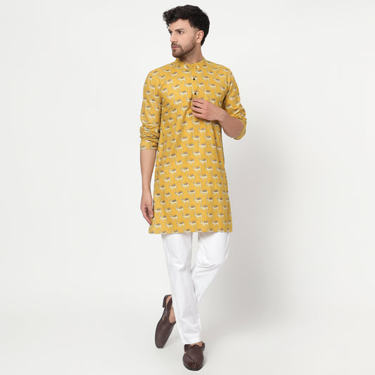 yellow Men's block printed band collar cotton kurta