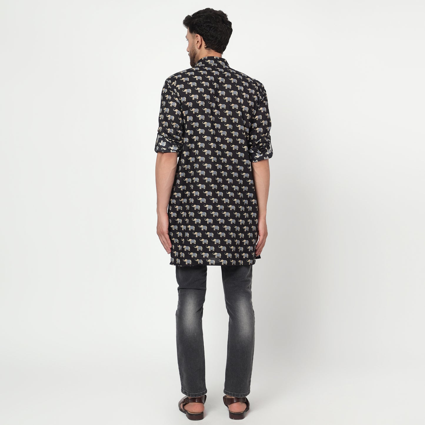 balck Men's block printed shirt collar cotton kurta