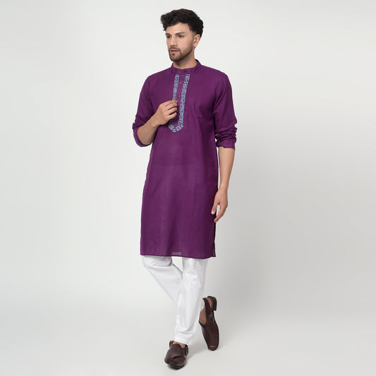 purple Men's band collar cotton silk kurta