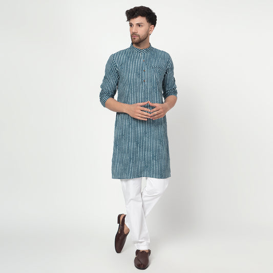 teal Men's printed band collar cotton kurta