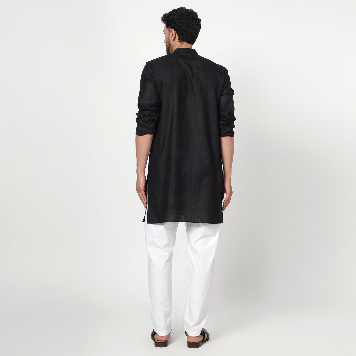black Men's band collar cotton silk kurta