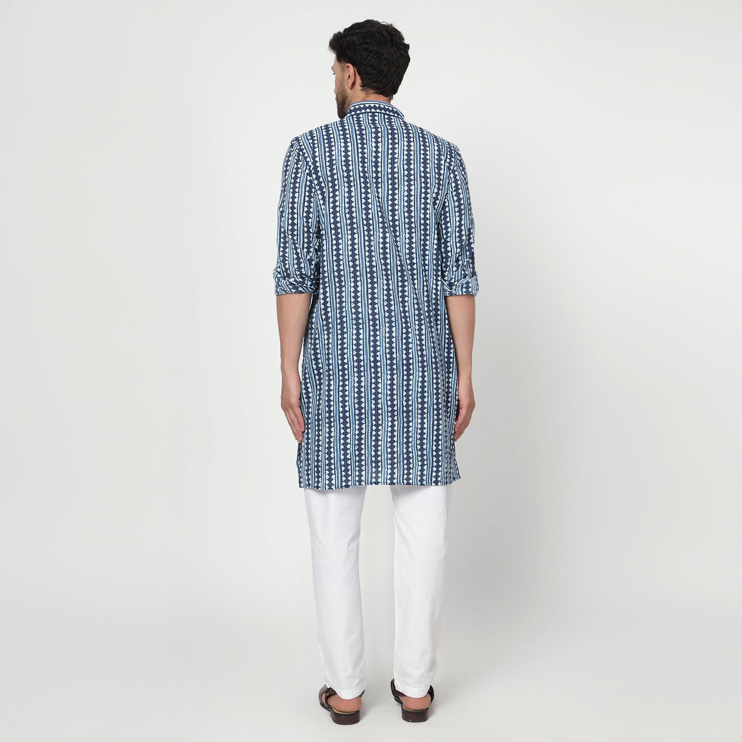 blue Men's printed band collar cotton kurta