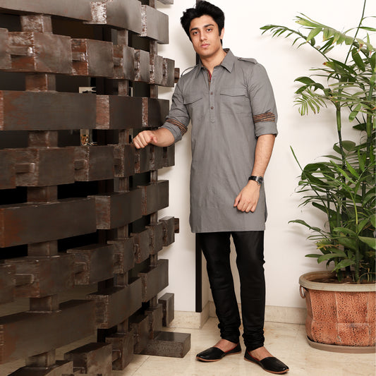 grey men's shirt collar cotton blend kurta