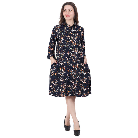 cotton viscose Collared floral Printed Knee-Length Dress