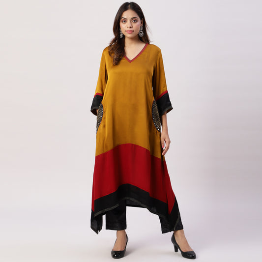 Modal silk color block kurta with brocade pockets