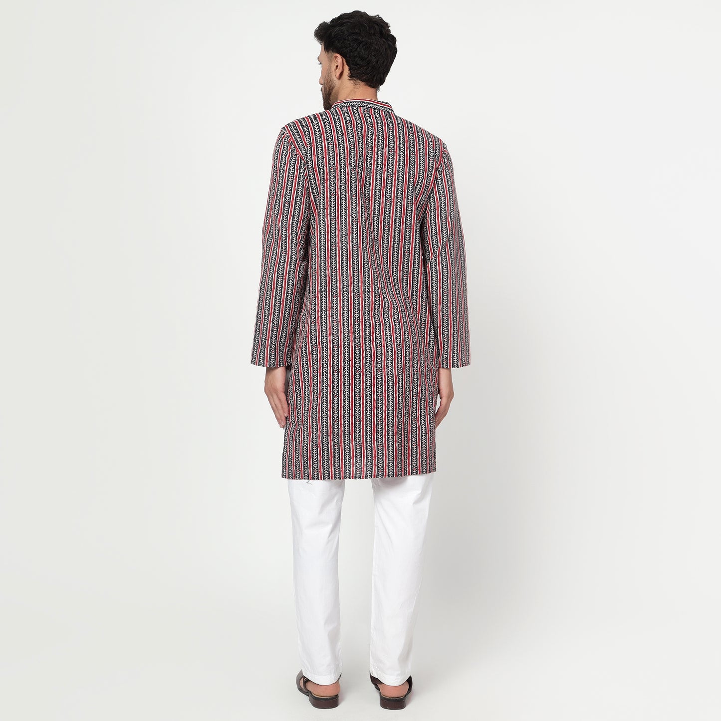 red Men's printed band collar cotton kurta