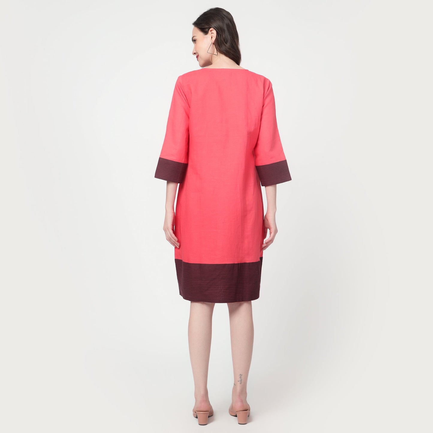 Pink V Neck Knee-length dress