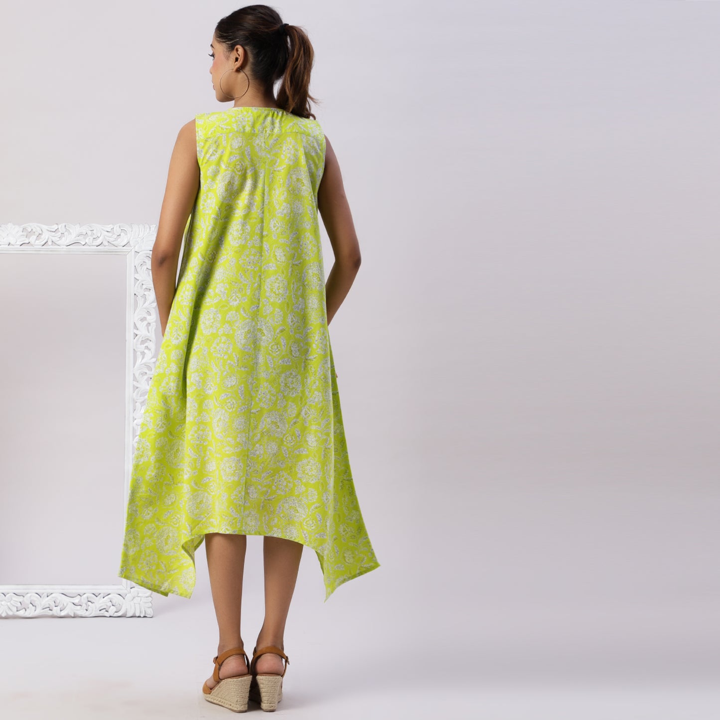 V neck asymmetric printed dress with mirrorwork