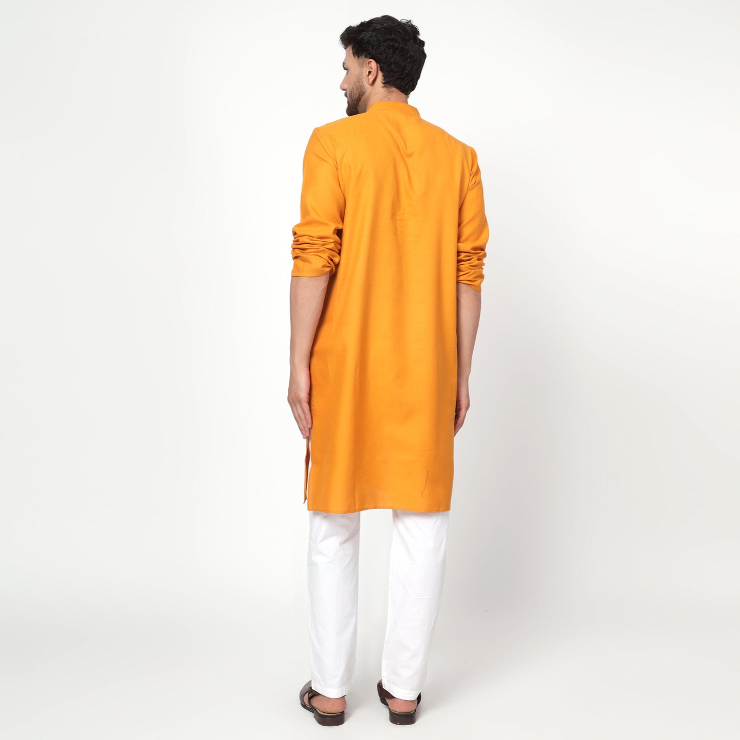 yellow Men's band collar cotton silk kurta
