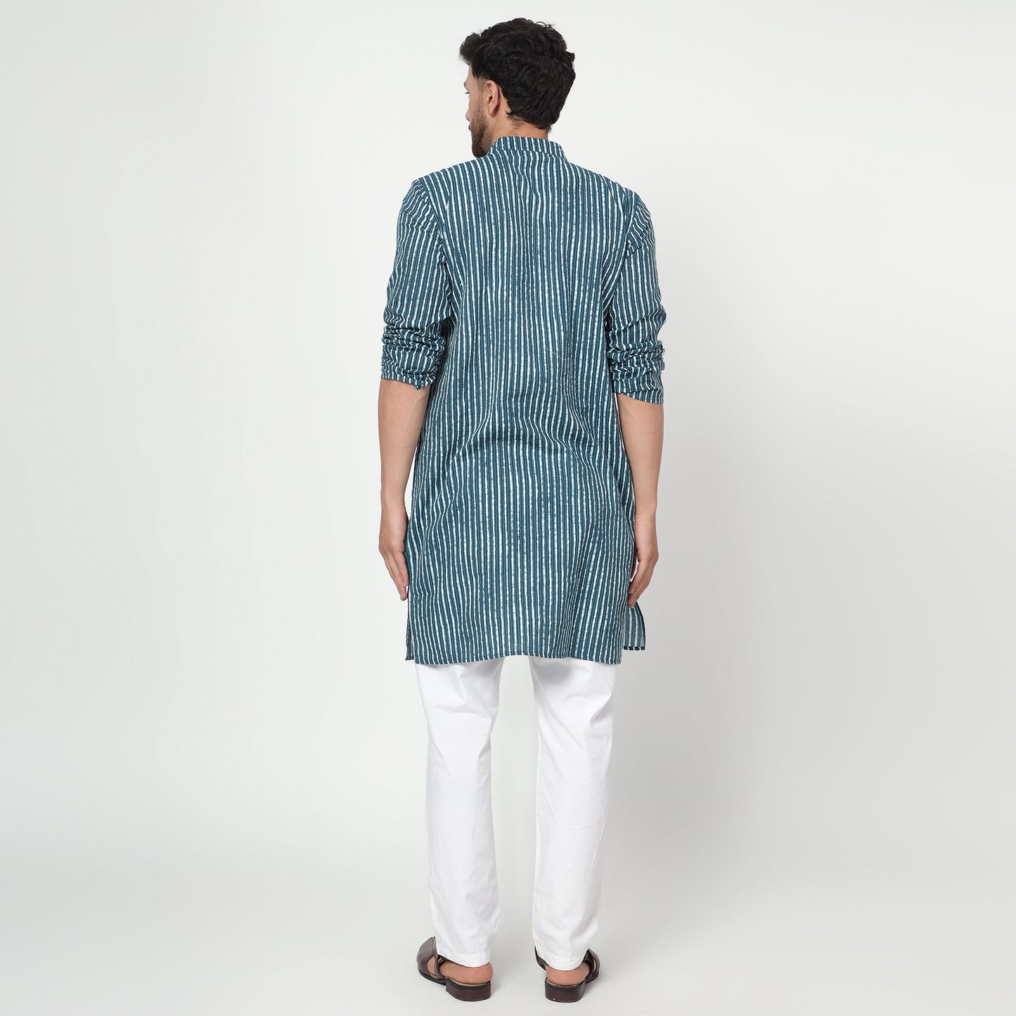teal Men's printed band collar cotton kurta