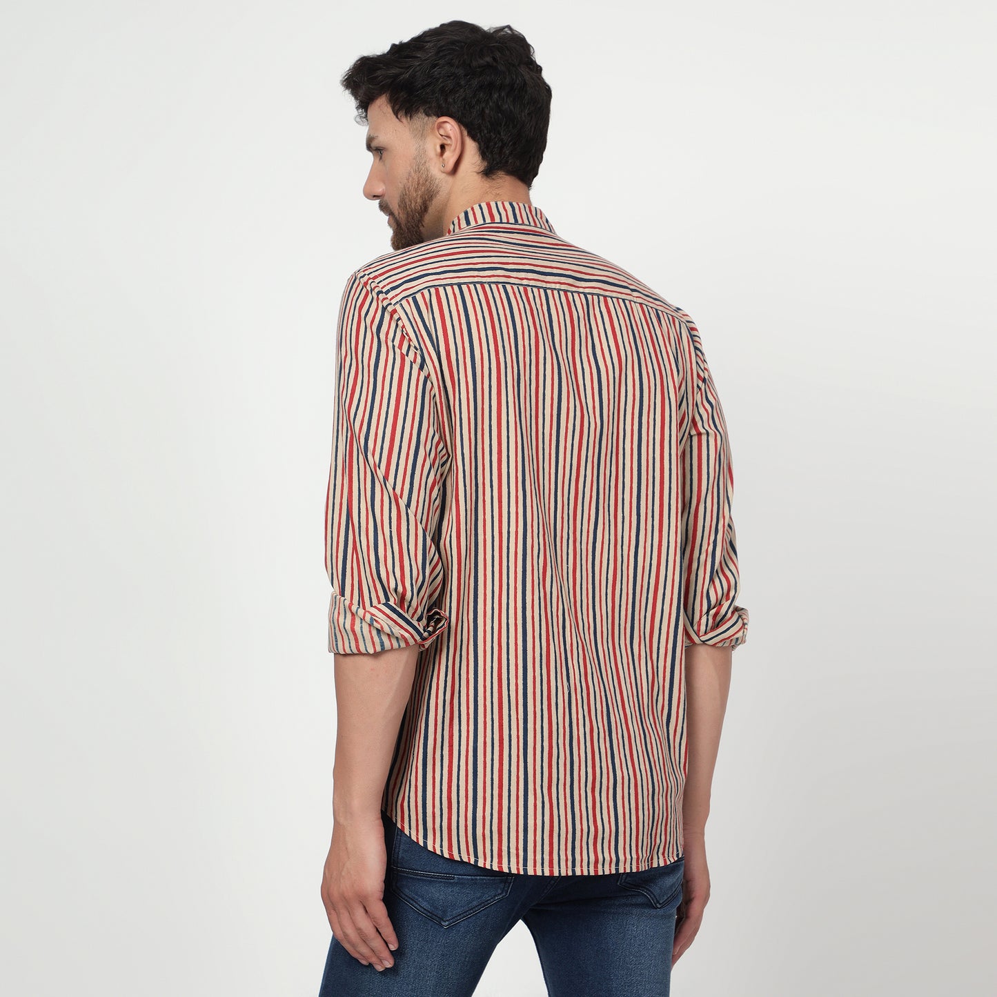 beige Cotton printed band collar full sleeves shirt
