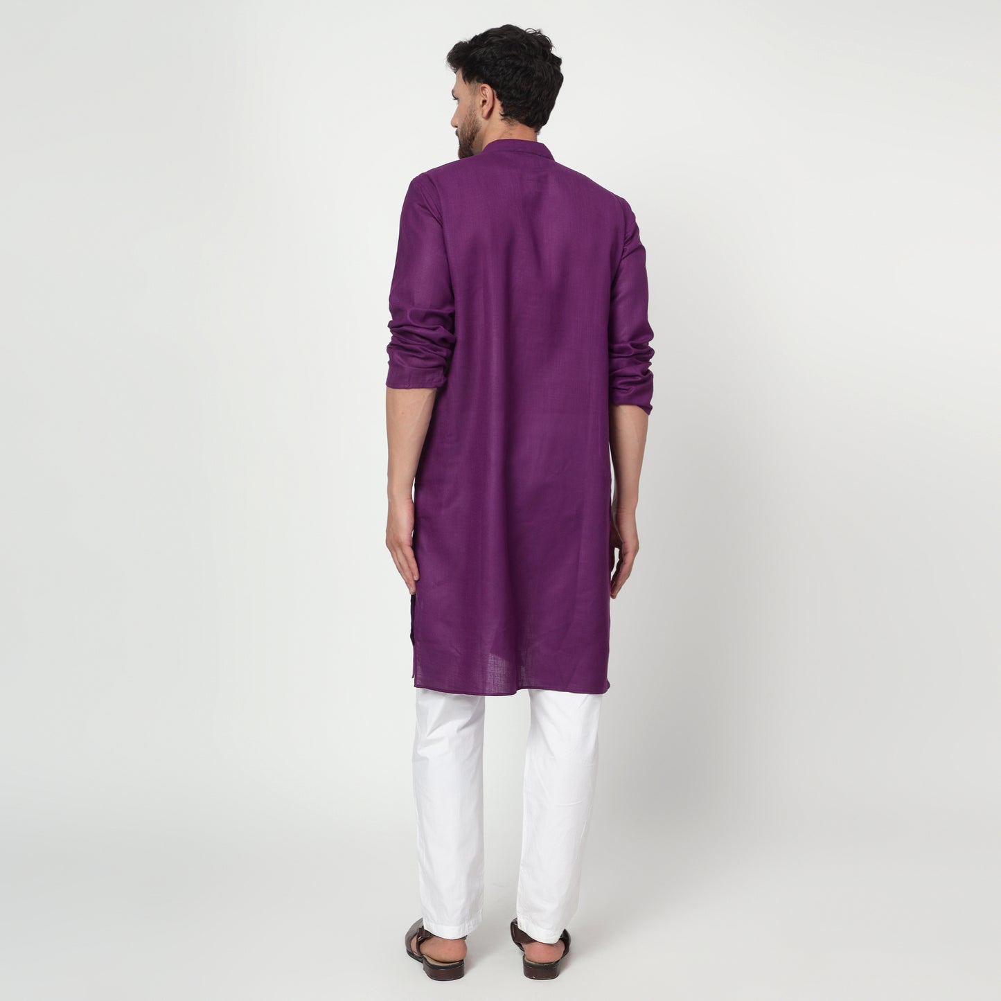 purple Men's band collar cotton silk kurta