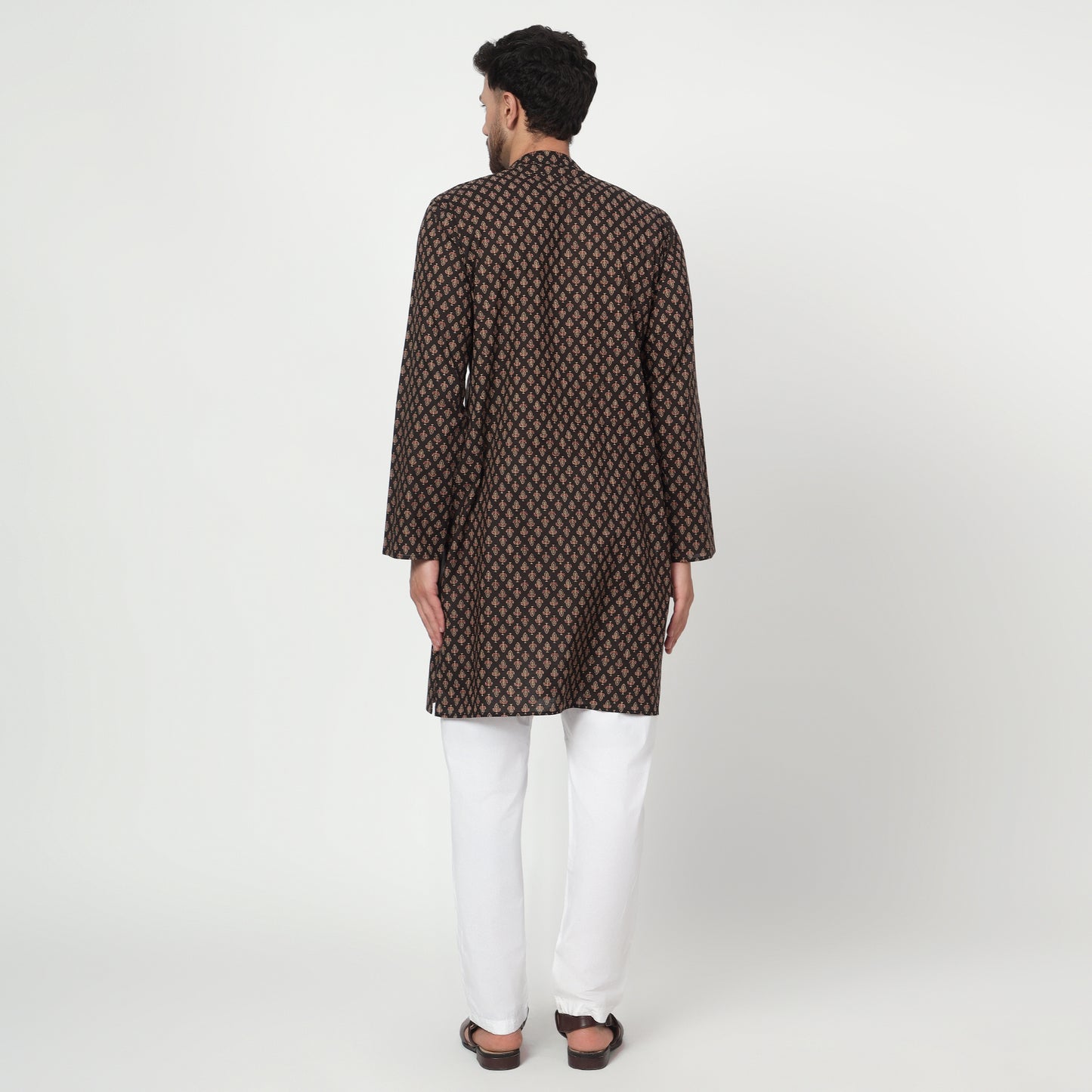 Brown Men's block printed band collar cotton kurta