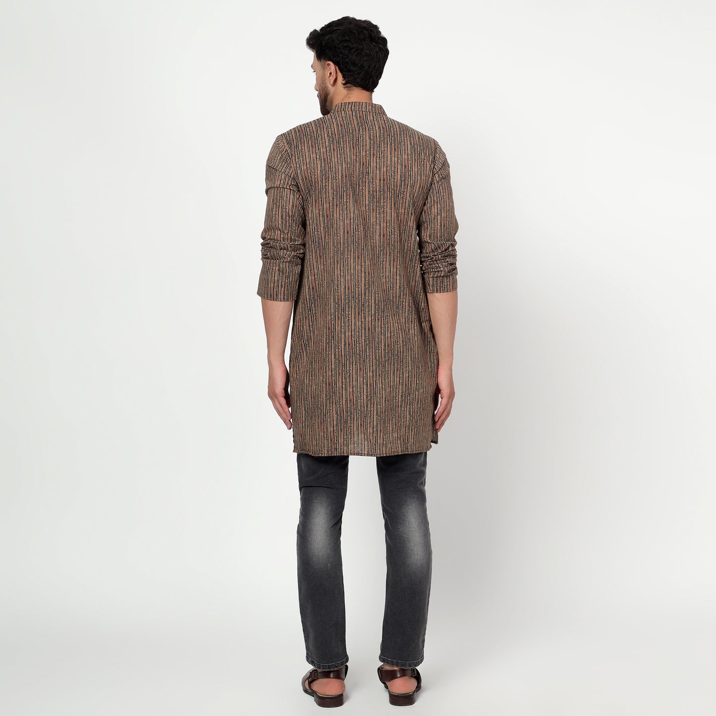 Brown men's textured band collar cotton kurta