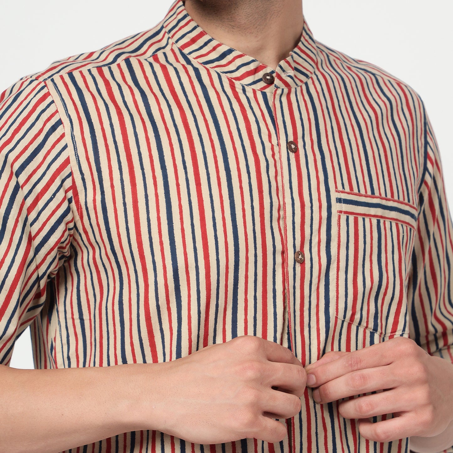 beige Cotton printed band collar full sleeves shirt