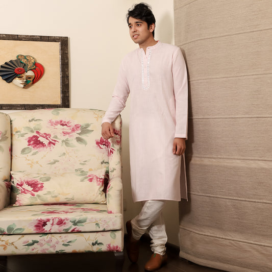 pink men's band collar cotton blend kurta