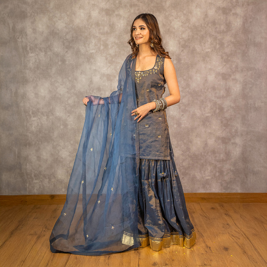 Navy Tissue Chanderi Hand embroidered Sharara Set with Dupatta