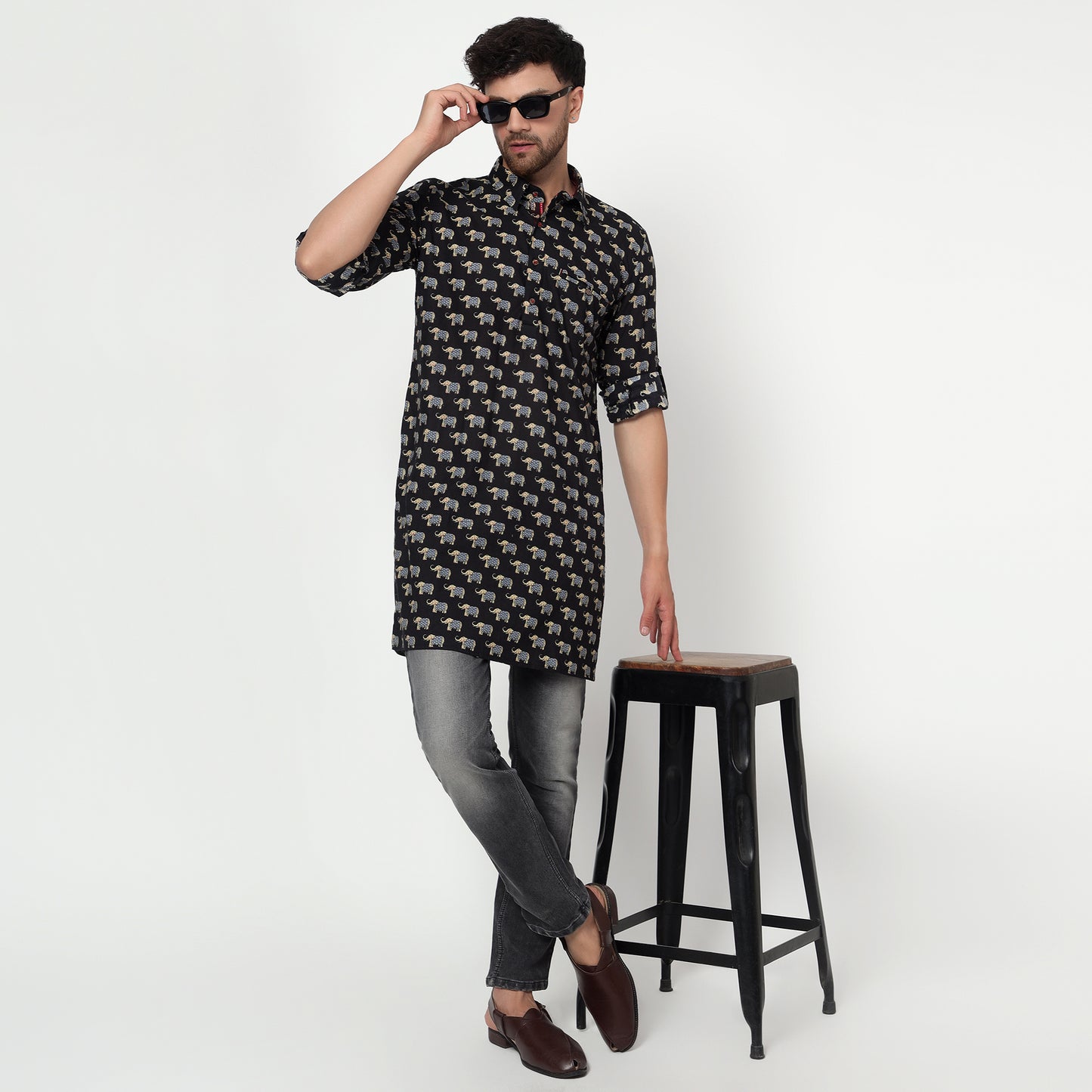 balck Men's block printed shirt collar cotton kurta