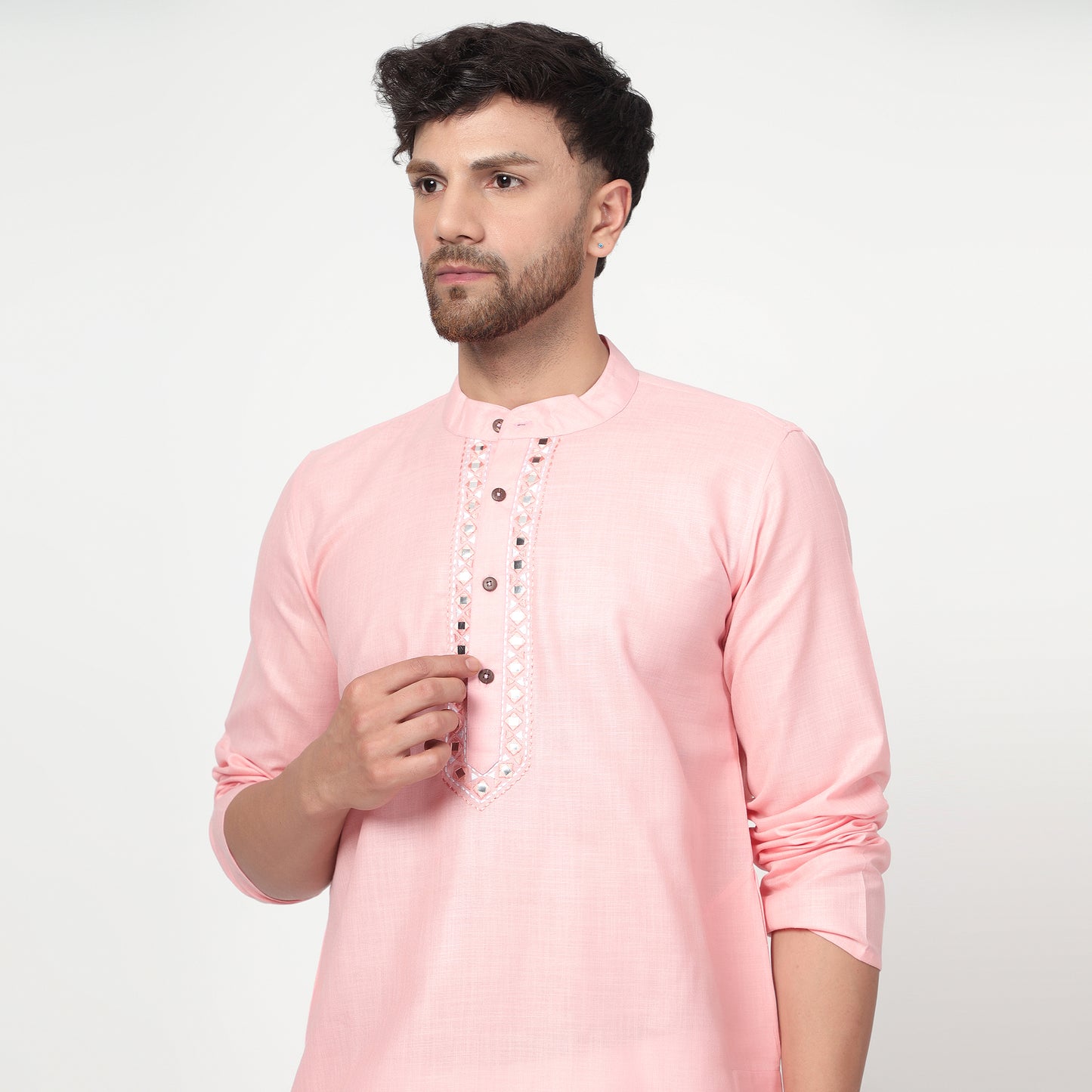 PINK Men's band collar cotton silk kurta