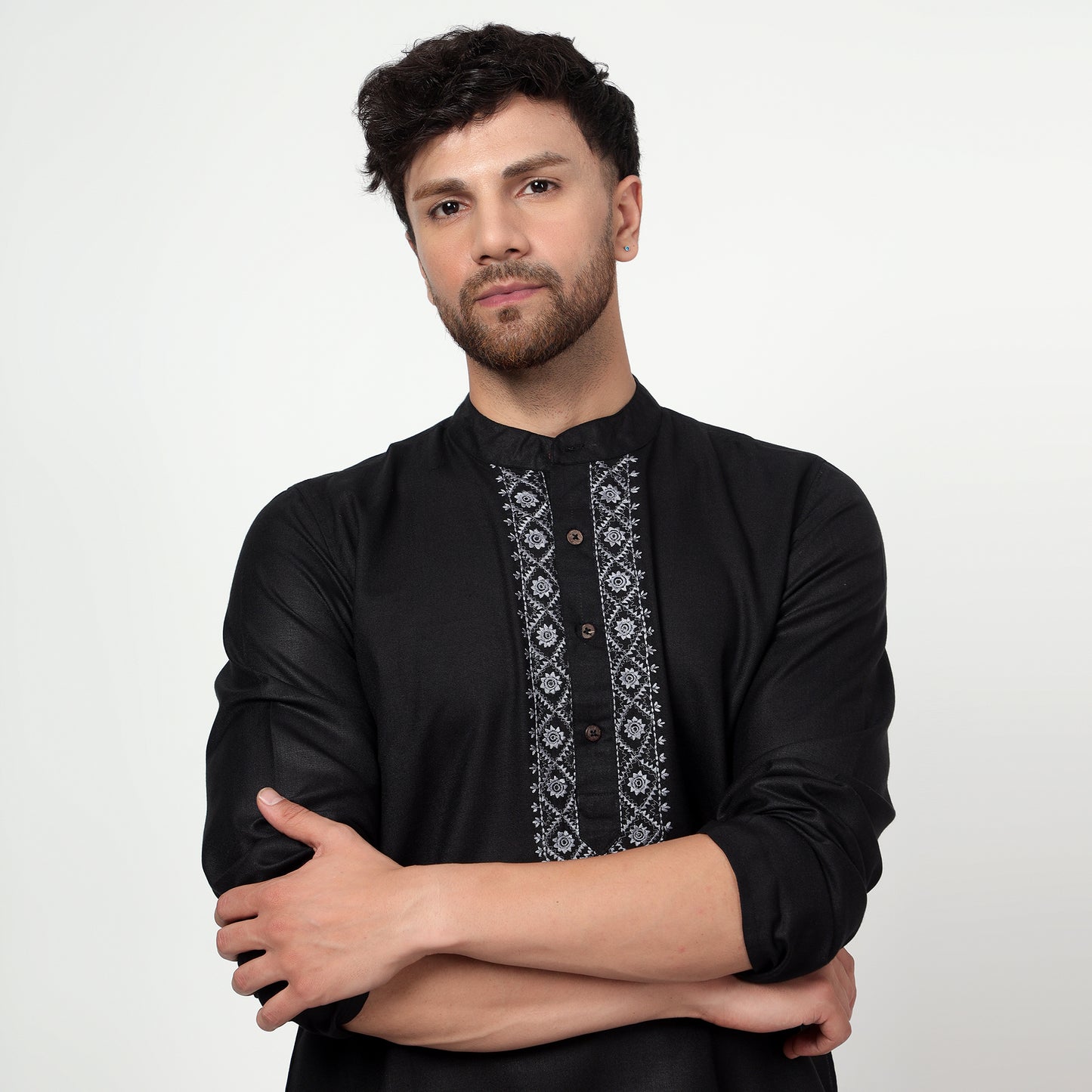 black Men's band collar cotton silk kurta