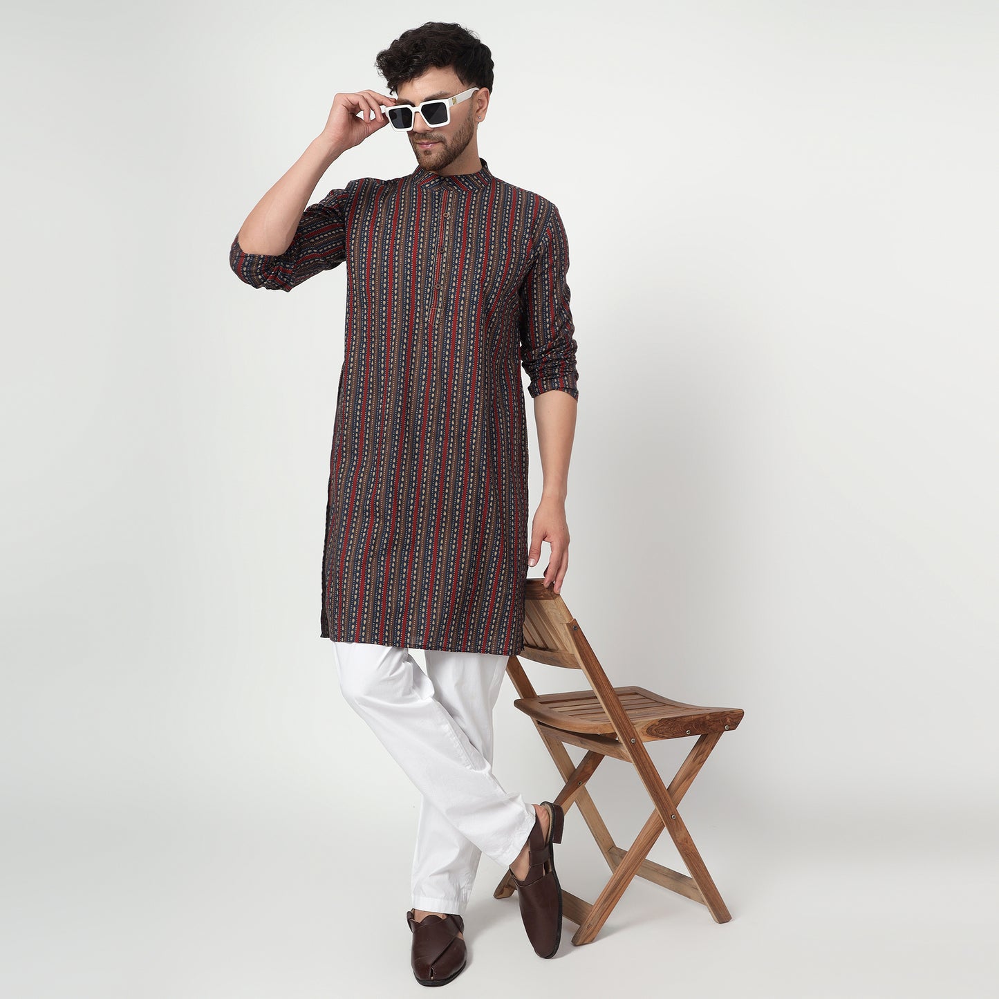 maroon Men's band collar cotton kurta