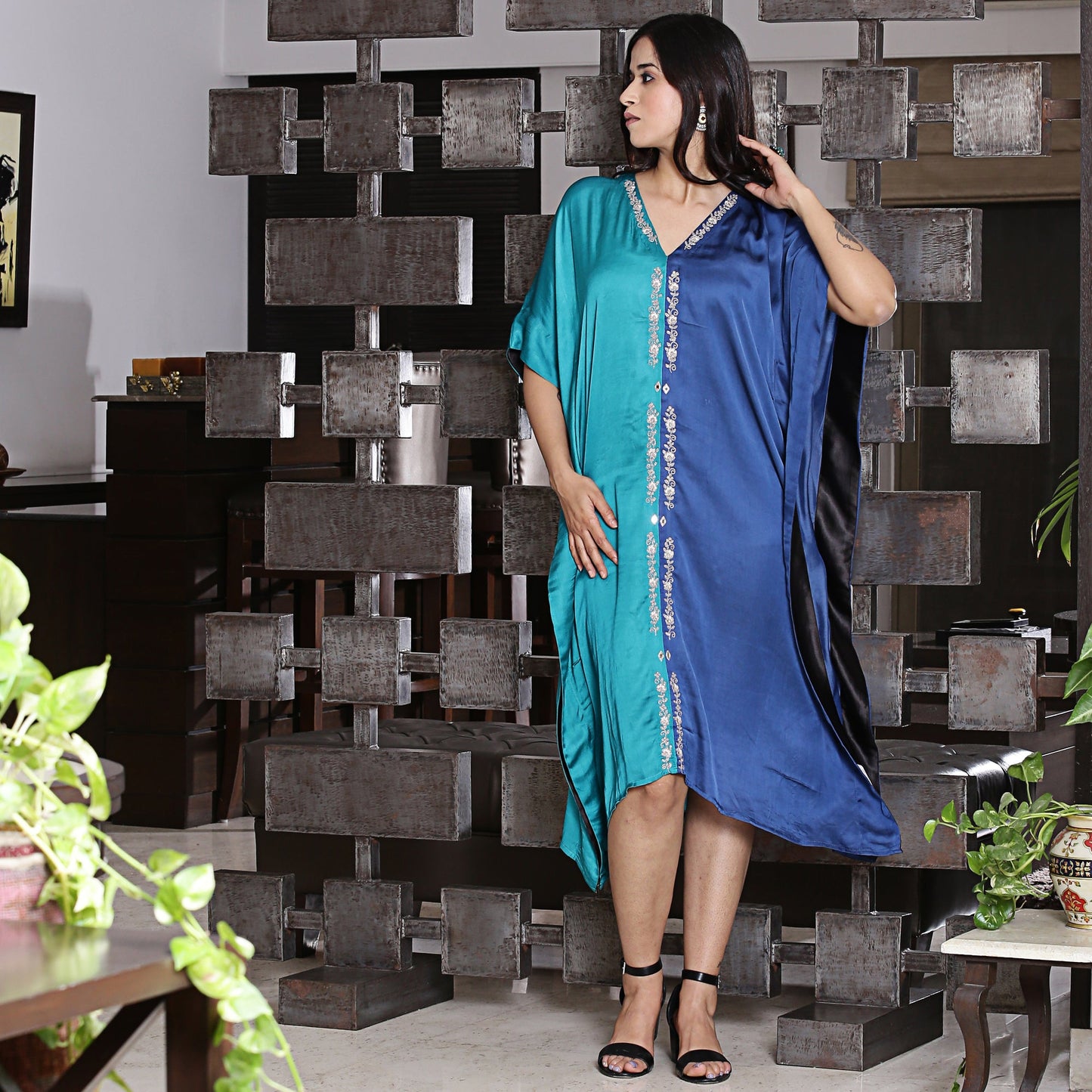 Half & half Modal silk kaftan with dori work embroidery