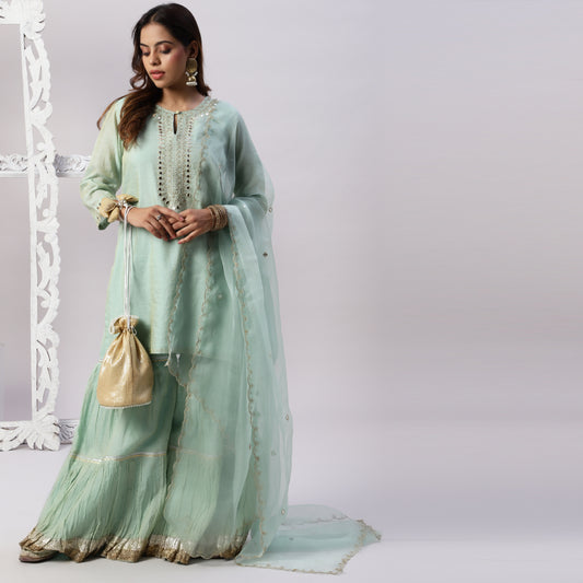 metallic Chanderi Aqua Sharara Set