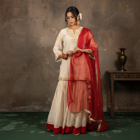 Off-wite Tissue Chanderi Sharara Set