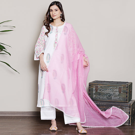 Mix-n-Match White-Pink Mughal Print Kurta Set with dupatta