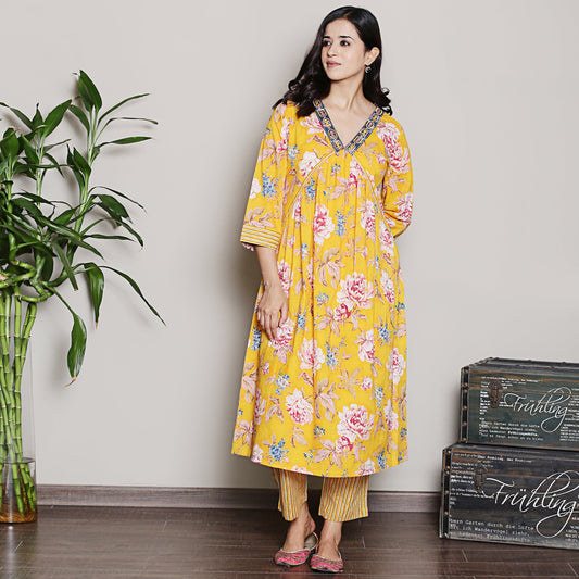 Floral printed yellow A line kurta set