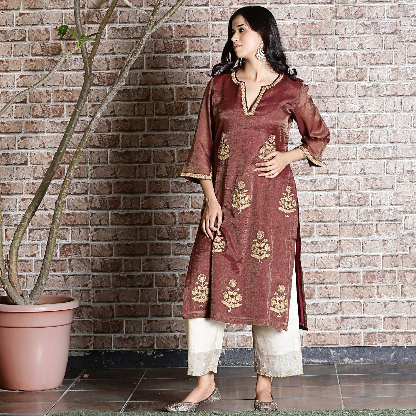 brown chanderi embroidered kurta