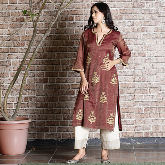 brown chanderi embroidered kurta