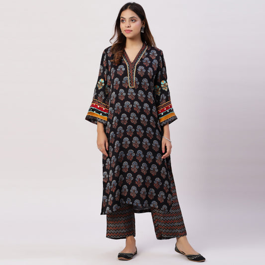 Modal Silk Ajrakh Set with embroidery & Applique