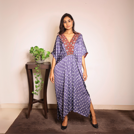 Grey bandhani Modal Silk Kaftan