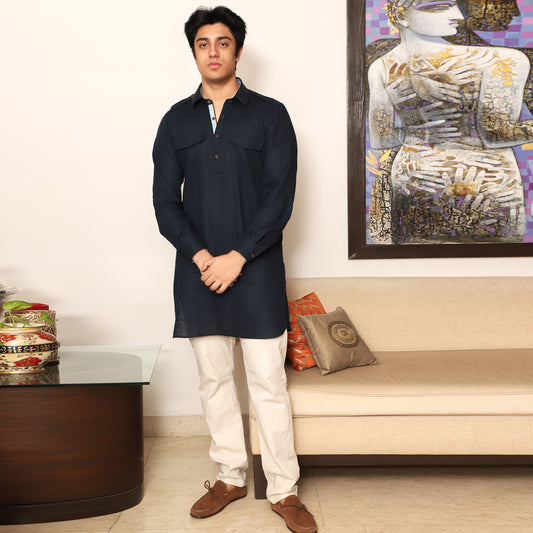 black men's shirt collar cotton blend kurta