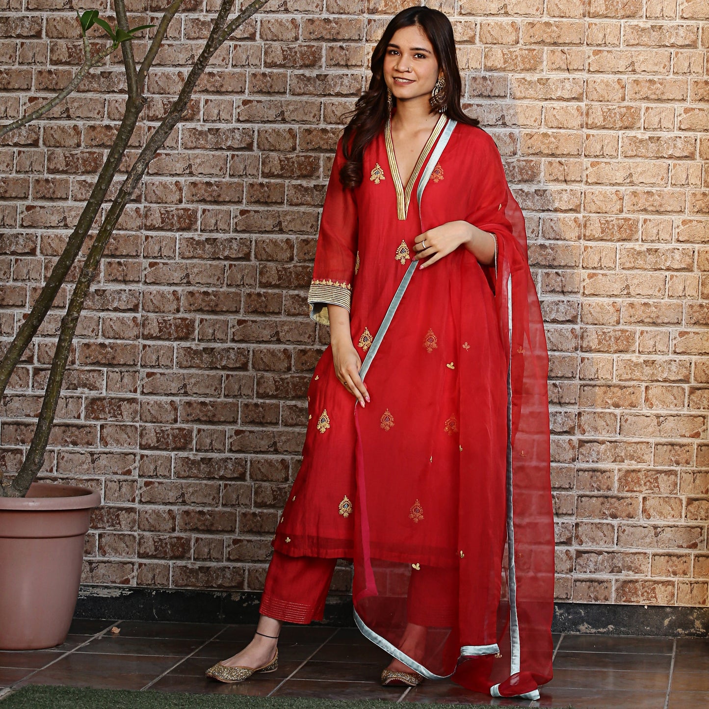 Red chanderi A-line kurta set with dupatta