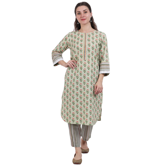 Green Cotton printed Kurta Set with embroidery