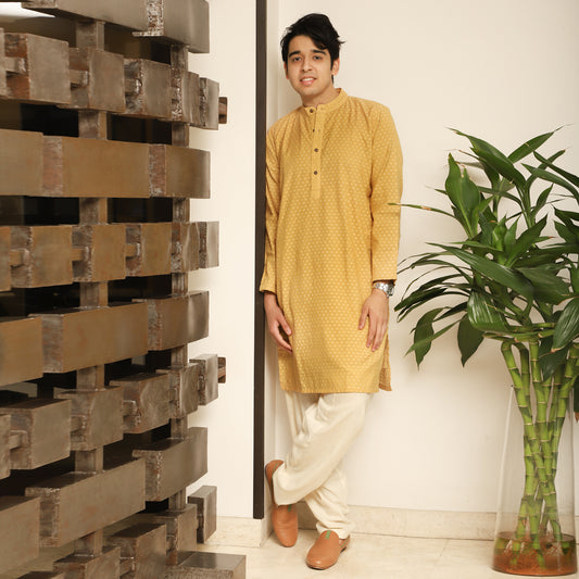 mustard men's printed band collar cotton blend kurta