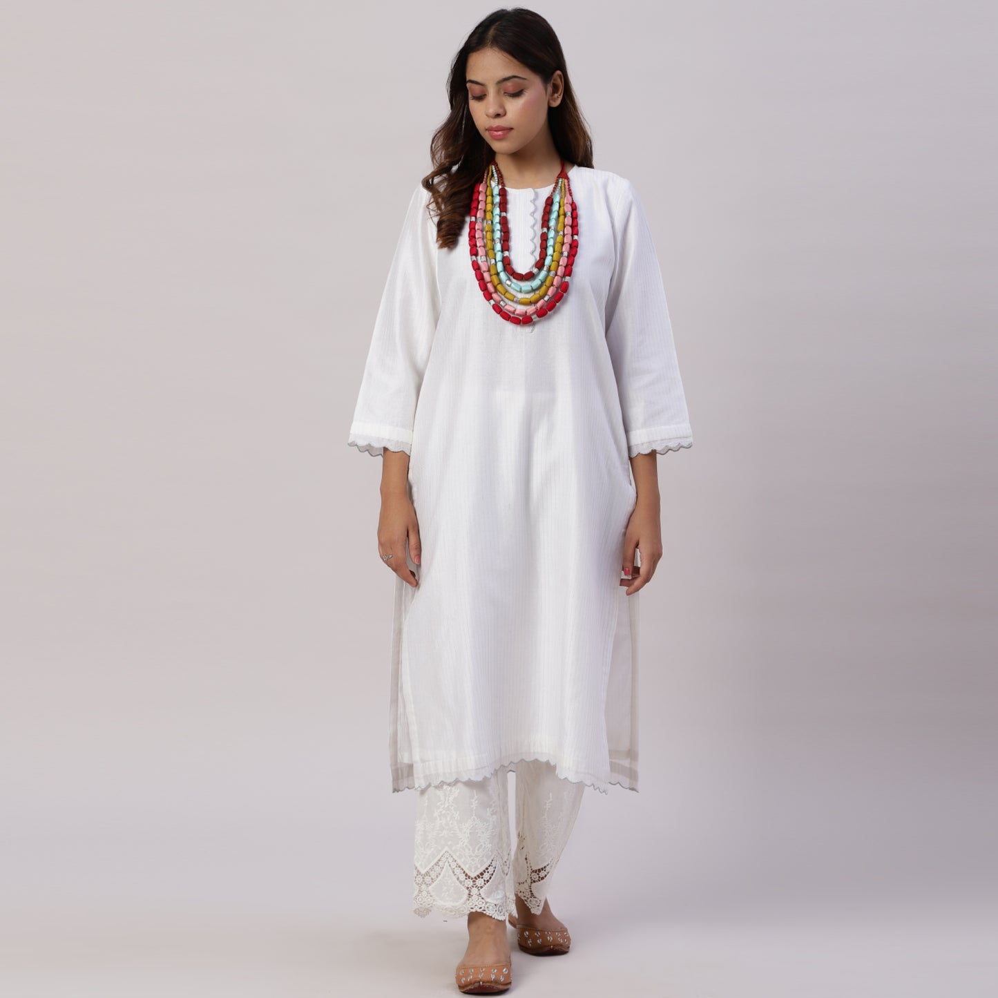 Chanderi kurta with gold zari lines and scallop edges