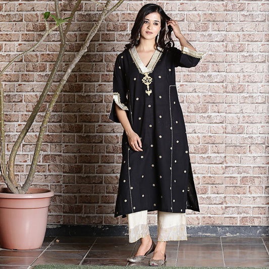 Black cotton jamdani A-line embroidered kurta.