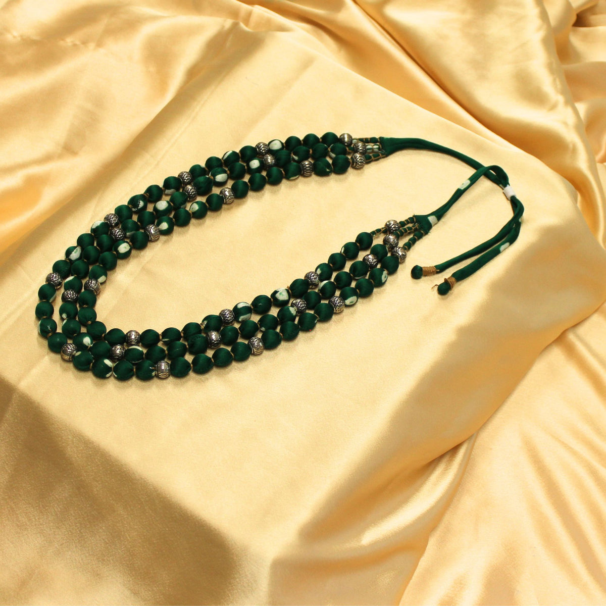 3 layer fabric beaded necklace in bandhni