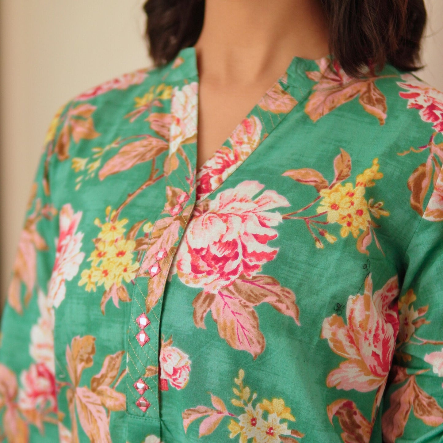Teal Floral Kurta with Striped Afghani Salwar